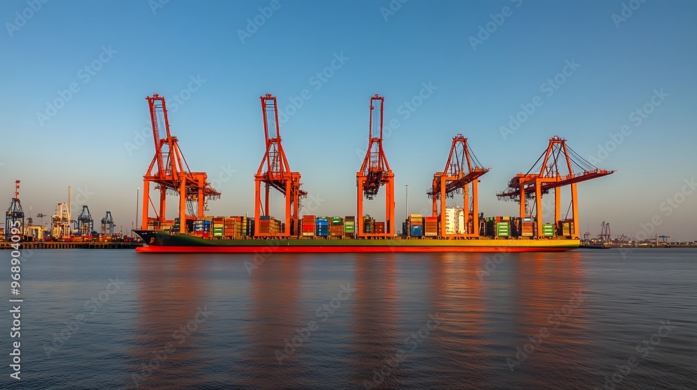 Poster 18. a port terminal with cranes unloading containers from a cargo ship