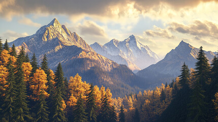 Obraz premium A scenic mountain range covered in trees with autumn foliage, soft clouds drifting through, golden hour light highlighting the landscape, peaceful and majestic atmosphere.