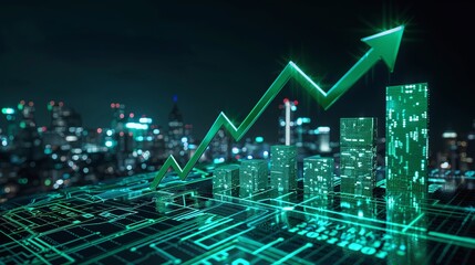 Naklejka premium A digital representation of growth, featuring a rising chart over a futuristic cityscape with green accents and lights.