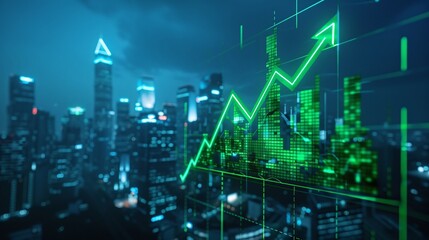Fototapeta premium A digital stock market graph overlaying a modern cityscape, symbolizing growth and financial success in a technology-driven world.