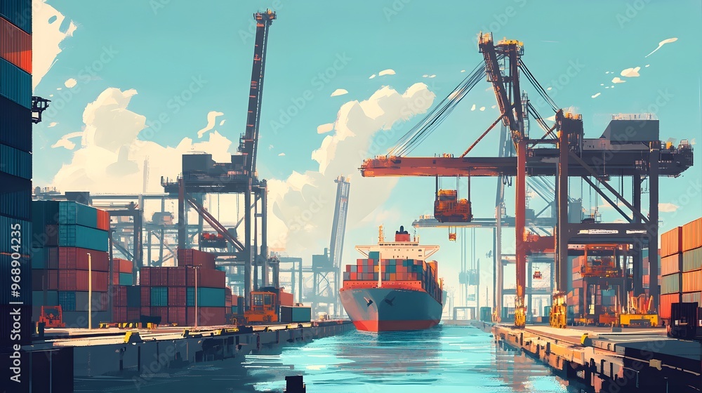 Poster 18. a port terminal with cranes unloading containers from a cargo ship