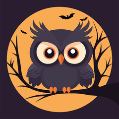 Owl sitting on a branch for Halloween. Cute owl in dark forest with bats. Halloween party. Hand drawn vector illustration. Flat design.