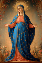 The Virgin Mary stands gracefully with open arms wearing a blue robe adorned with golden stars and a halo overhead