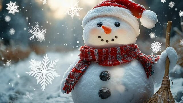 A happy snowman stands in a snowy forest as snowflakes fall around him.