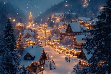 Obraz premium A cozy alpine village in Austria with snow covered rooftops twinkling holiday lights and a festive market