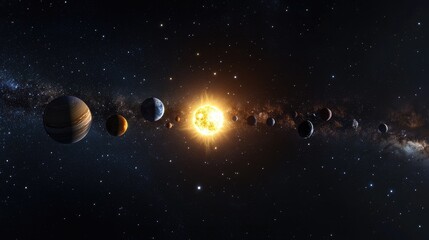 Panoramic shot of the solar system in space, featuring the Sun and planets in alignment with the Milky Way. No people. No logo.