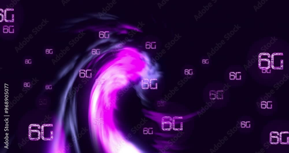 Aufkleber animation of 6g text and digital data processing over purple light trails on black background