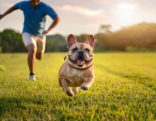 Photo of a small French bulldog running with its owner in the grass, Generative AI