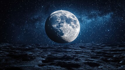 Panoramic view of the moonas illuminated surface, with shadows creating a dramatic effect against the starry sky. No people. No logo.