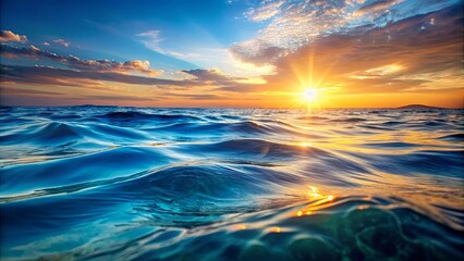 Clear water with blue and orange texture, ocean and sea background backlit by the sun, soft waves...