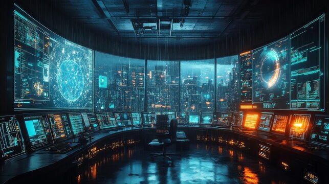 AI-enhanced real-time weather prediction systems monitoring global patterns: A futuristic control center where AI predicts weather with high precision.