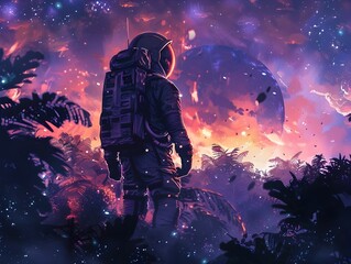 Naklejka premium Intrepid Astronaut Discovers Bioluminescent Wonderland on Distant Alien Planet