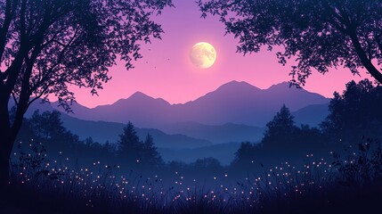 Fototapeta premium Dreamy full moon landscape over mountain range with glowing twilight sky