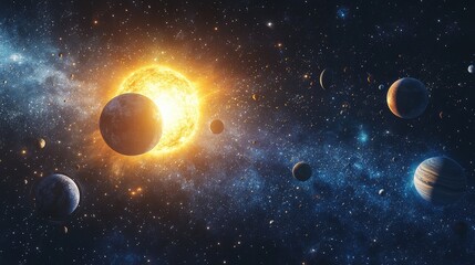 Panoramic view of the solar system, showcasing planets orbiting the Sun in a cosmic, star-filled scene. No people. No logo.