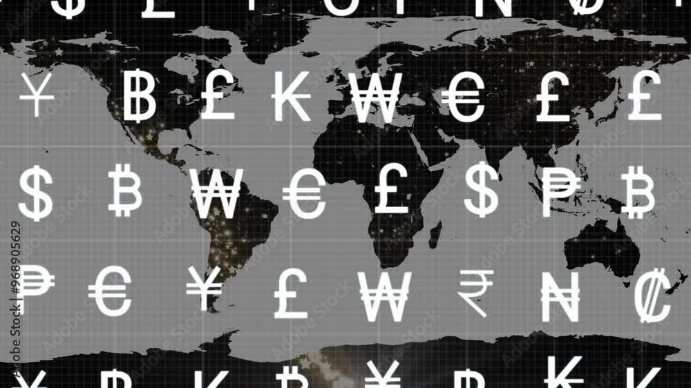 Poster Animation of currency symbols and financial data processing over world map