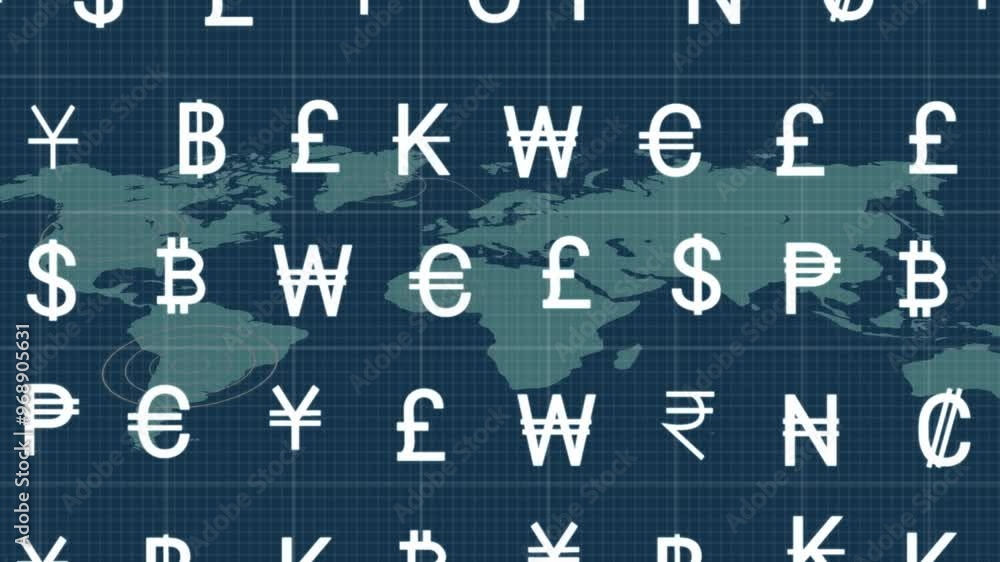 Poster animation of currency symbols and financial data processing over world map