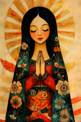 A serene depiction of the Virgin Mary in prayer with golden rays and intricate floral patterns 