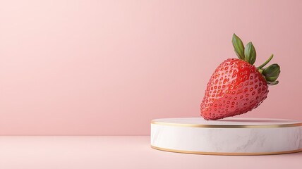 Chrome podium with golden detailing showcasing a strawberry in exquisite style.