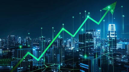 A modern city skyline showcasing financial growth with a rising graph on a digital overlay, symbolizing progress and success.