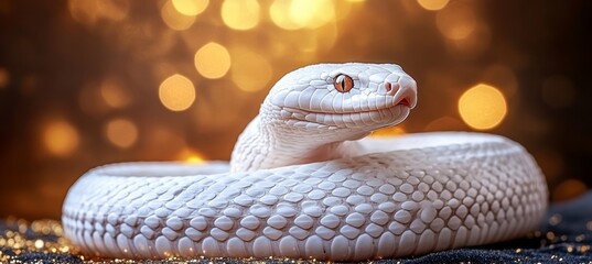 Fototapeta premium White Snake on Glitter, Symbol of Renewal, Lunar New Year Card, Festive Celebration, Serpent