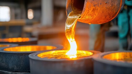 Workers in protective gear pouring molten gold into molds, Gold smelting, metalwork, industrial process