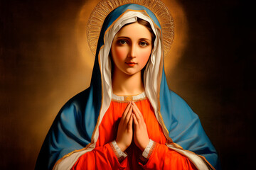 A depiction of Virgin Mary with a halo in a blue and red garment praying with her hands together on a golden background.