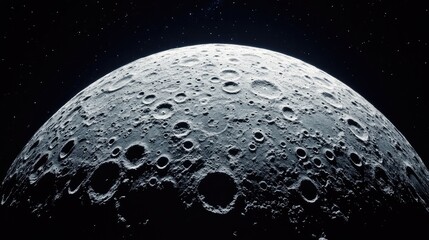 Wide panoramic close-up of the moon in full phase, revealing its cratered surface and rugged terrain in space. No people. No logo.