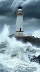 Obraz premium Lighthouse amidst stormy sea with crashing waves and dark clouds, maritime navigation concept