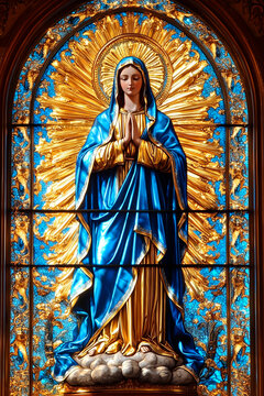 Stained glass depicting Virgin Mary in blue robe with golden halo