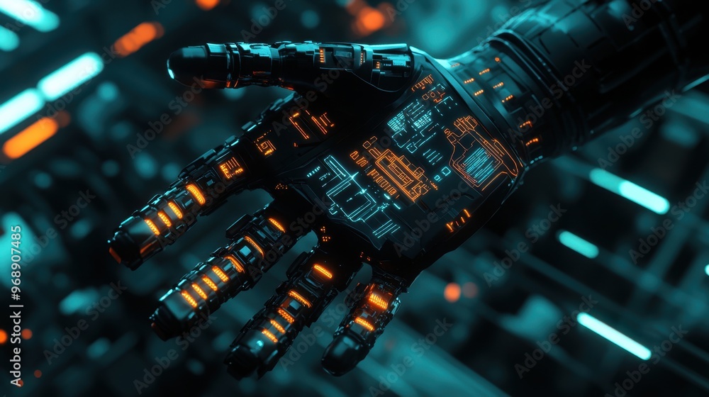 Poster robotic hand with illuminated circuits in a dark, futuristic environment, representing cutting-edge 