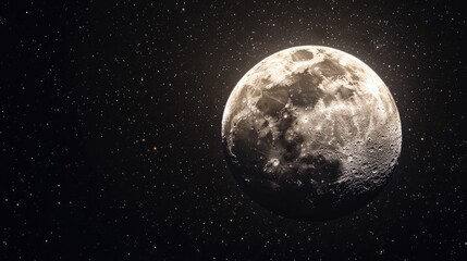 Fototapeta premium Wide panoramic close-up of the moon with its illuminated side contrasting against a black star-filled background. No people. No logo.