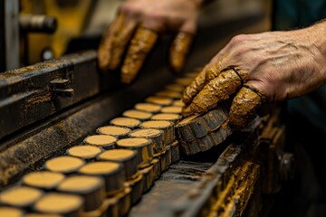 Closeup of Hands Covered in Mud Manipulating a Line of Cylindrical Objects