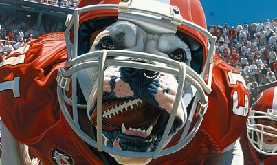 hyper realistic painting of georgia bulldog mascot in football uniform, holding a ball on the field, crowd cheering behind in a cinematic wide shot with intricate details