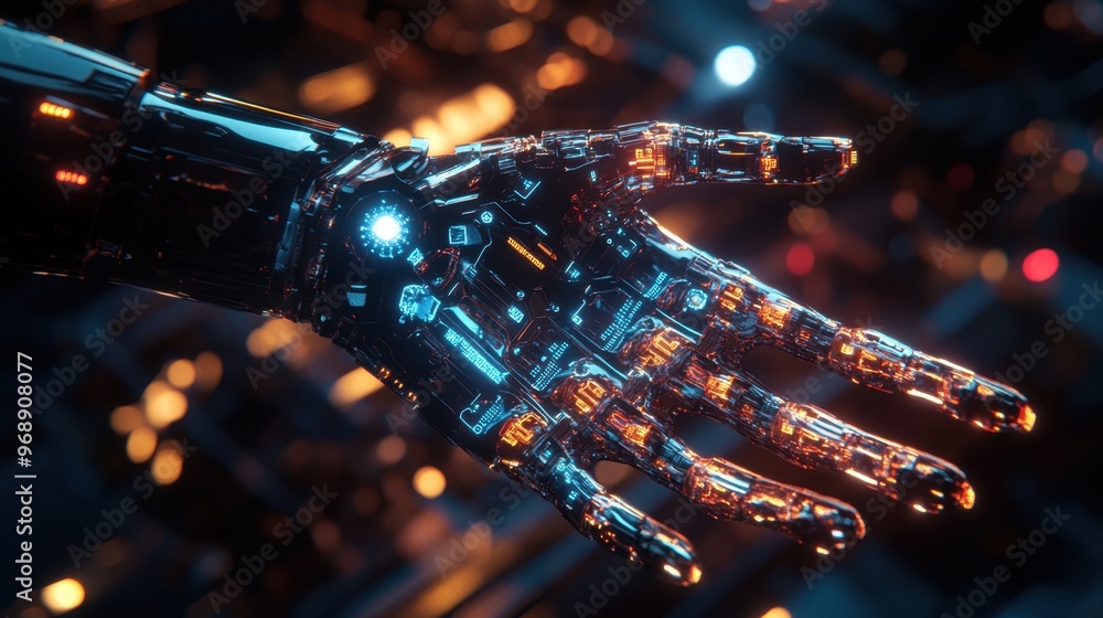 Poster glowing robotic hand with intricate circuitry, symbolizing the future of cybernetic technology in a 