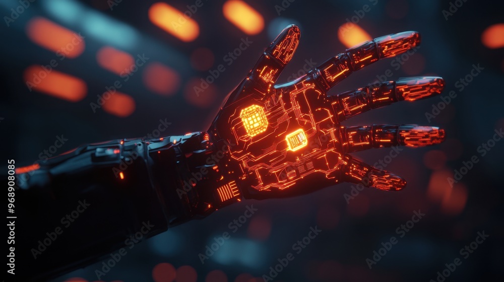 Poster glowing robotic hand with intricate circuitry, symbolizing the future of cybernetic technology in a 