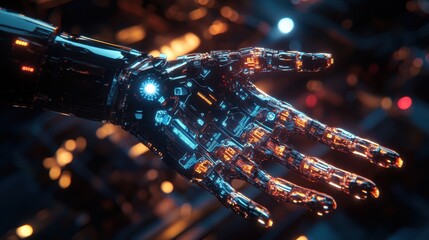 Glowing robotic hand with intricate circuitry, symbolizing the future of cybernetic technology in a dark, futuristic background.