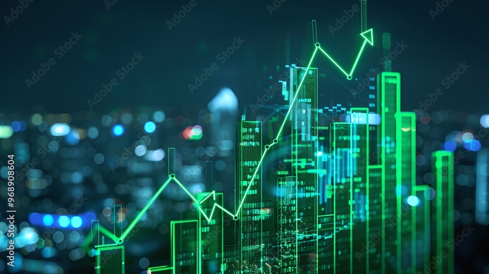 Poster abstract financial growth concept with green graphs and city skyline in the background showcasing da