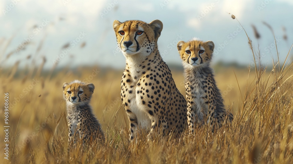 Wall mural mother cheetah with her two cubs sitting on tall savanna grasses, looking at the camera, an intimate