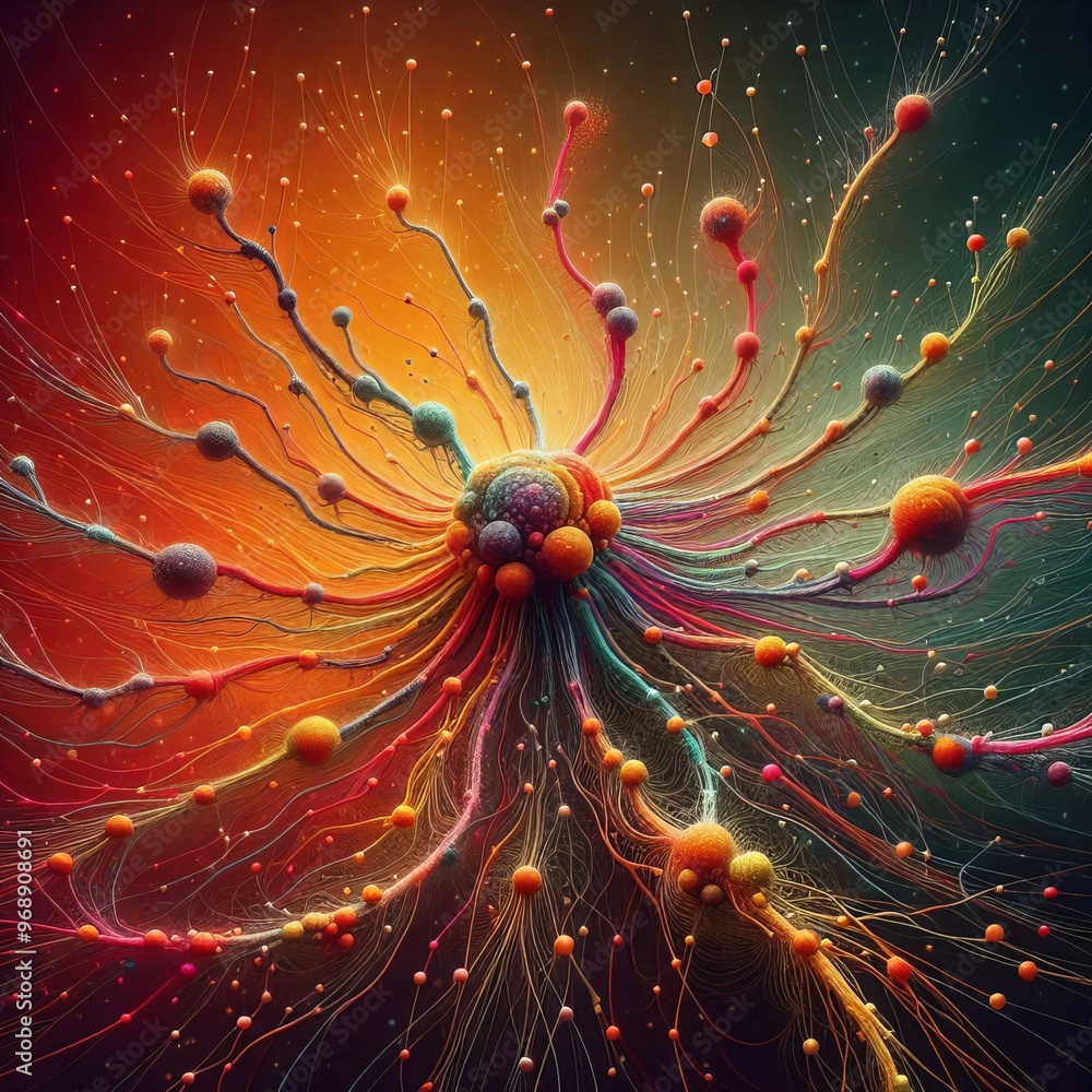 Poster an abstract digital illustration showcasing a radiant web of neural connections. the image is charac
