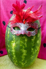 Big green watermelon wearing red carnival mask
