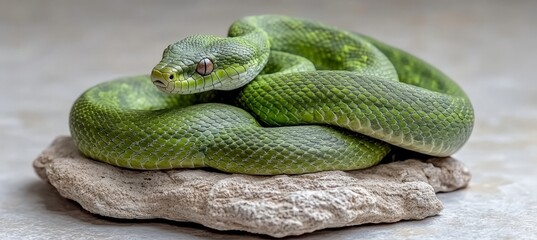 Fototapeta premium Green Tree Python On A Rock, Vibrant Reptile Known For Beauty A Symbol Of The Year Of The Snake