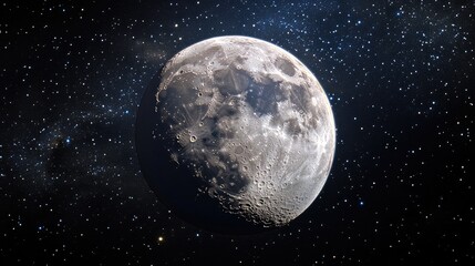 Wide view of the moon with a focus on the rugged craters and maria, against a backdrop of countless stars. No people. No logo.