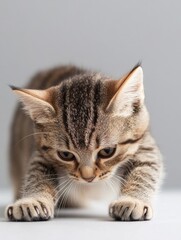 Obraz premium A cat stretching after a nap, with claws extended, showcasing its natural behavior. 