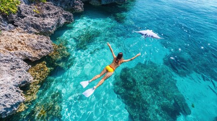 Obraz premium A woman swims in clear turquoise waters near rocky outcrops, wearing yellow swimwear and fins while a dolphin swims by her side, embodying harmony with nature.