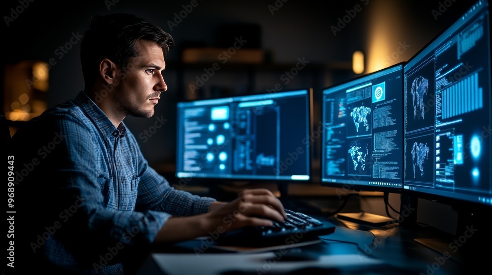 Poster cyber security analyst monitoring multiple monitors for data breaches in a dark office