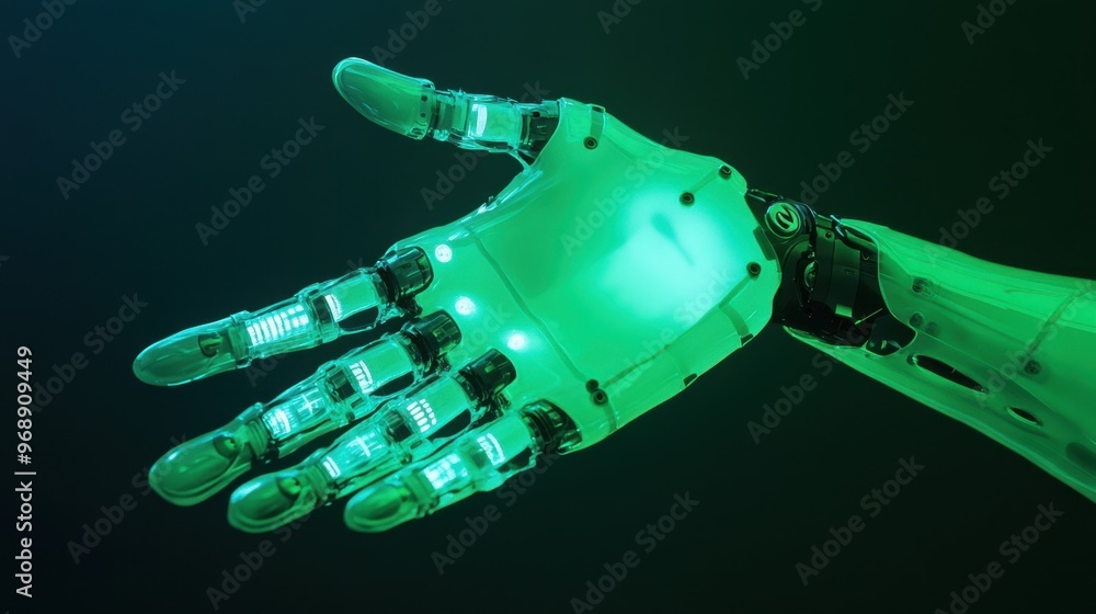 Poster neon green robotic hand glowing in a dark futuristic setting, representing the future of biotechnolo
