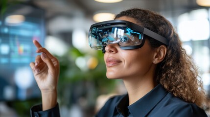A professional uses augmented reality glasses to interact with a digital interface in a contemporary office setting, blending advanced technology with everyday work tasks.