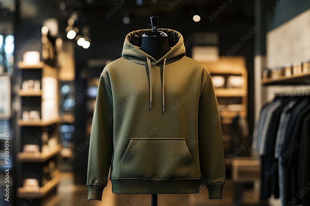 Wall mural Olive green hoodie on display in a modern retail store with dim lighting.