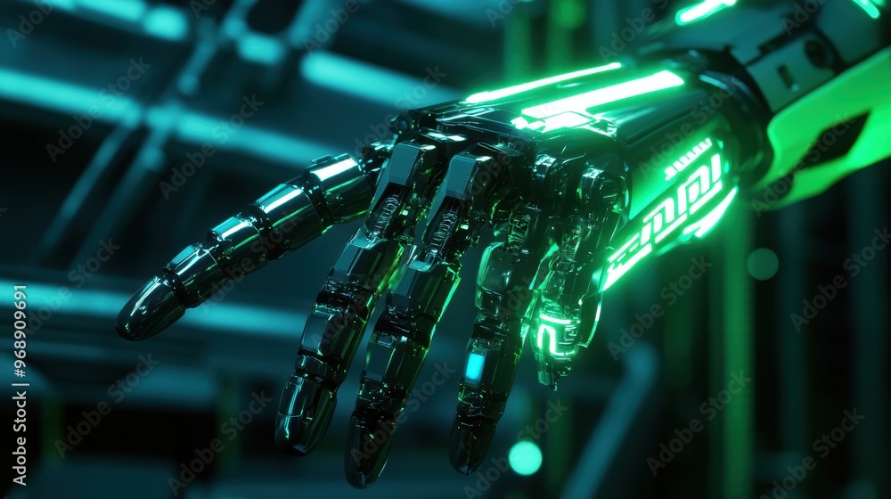 Poster neon green robotic hand glowing in a dark futuristic setting, representing the future of biotechnolo