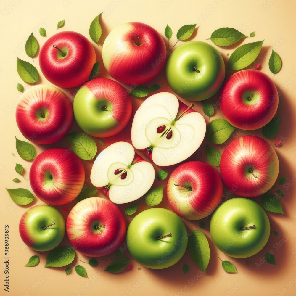Poster A beautiful overhead view of red and green apples meticulously arranged with green leaves on a neutral background. The image features a combination of whole apples and halved apples, creating a